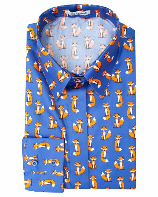 Женская рубашка под пуговицы принт лисы на синем фоне - 7748 от DoubleCuff 