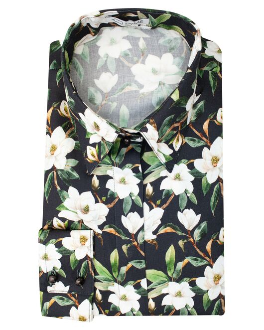 Женская рубашка под пуговицу чёрная принт магнолии - 8381 от byME 