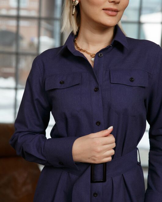 Платье-рубашка с поясом прямой силуэт цвет тёмно-фиолетовый - 8463 от byME  Платье-рубашка с поясом прямой силуэт цвет тёмно-фиолетовый - 8463 от byME