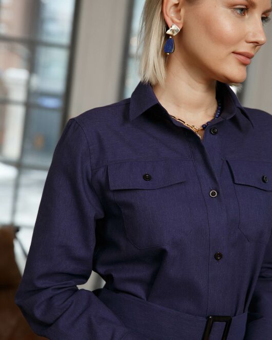 Платье-рубашка с поясом прямой силуэт цвет тёмно-фиолетовый - 8463 от byME  Платье-рубашка с поясом прямой силуэт цвет тёмно-фиолетовый - 8463 от byME