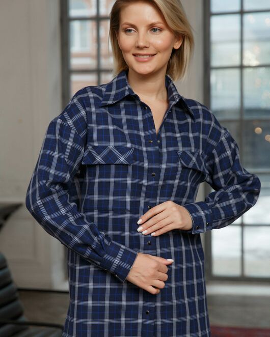 Женская рубашка синяя в клеточку с карманами - 8465 от byME 