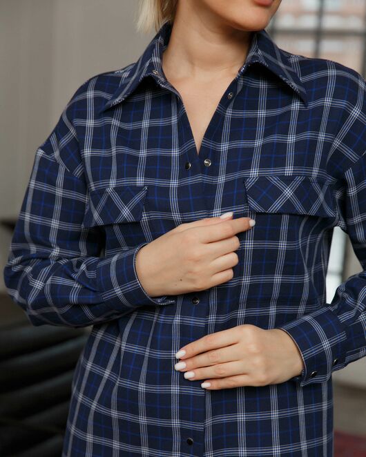Женская рубашка синяя в клеточку с карманами - 8465 от byME 