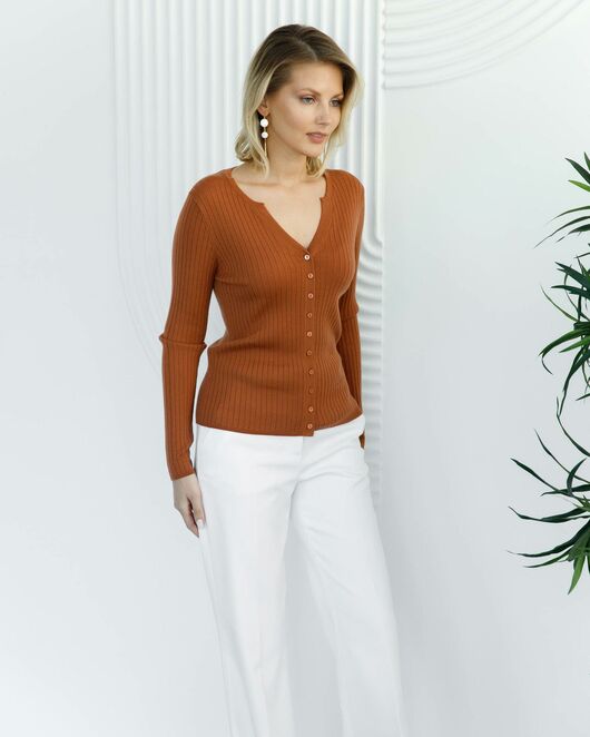 Кардиган из шерсти мериноса тонкой вязки карамель от byME 