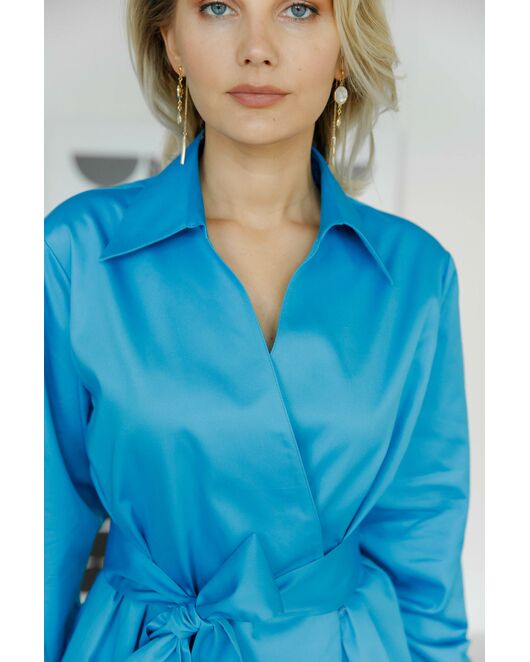 Женская рубашка на запа́х с поясом бирюзовая - 8495 от ByME 