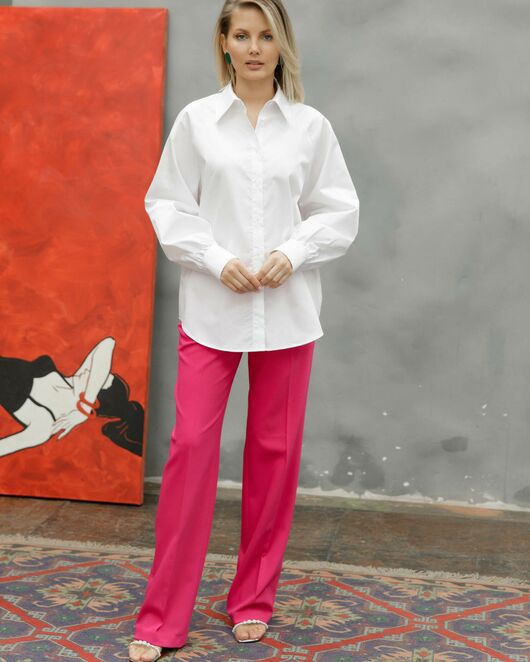 Женская рубашка оверсайз под пуговицу с пышным рукавом белая - 8520 от byME 