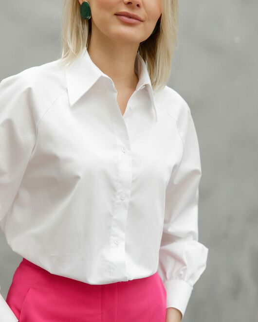 Женская рубашка оверсайз под пуговицу с пышным рукавом белая - 8520 от byME 