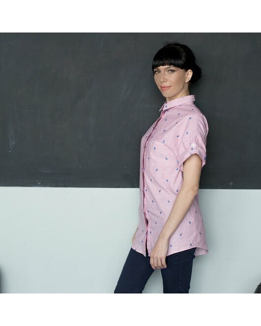 Женская рубашка оверсайз с вышивкой фламинго удлиненная - 7277 от DoubleCuff 