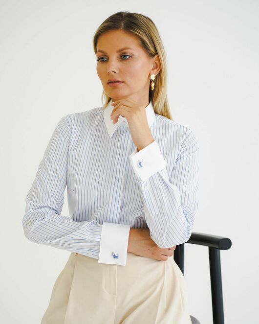 Женская рубашка под запонку белая в голубую полоску - 8505 от byME 