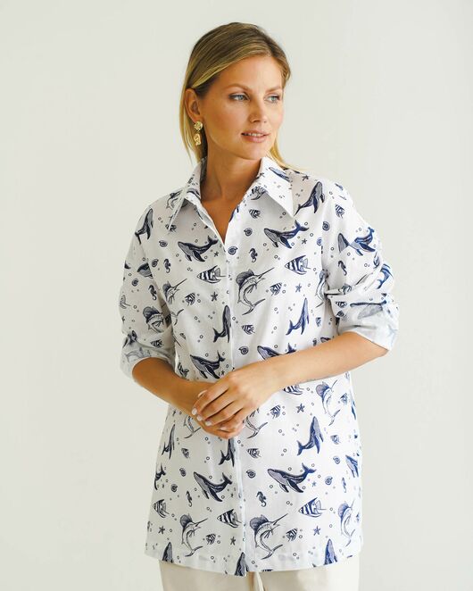Женская рубашка с универсальным манжетом морской принт - 8548 от byME  Женская рубашка с универсальным манжетом морской принт - 8548 от byME