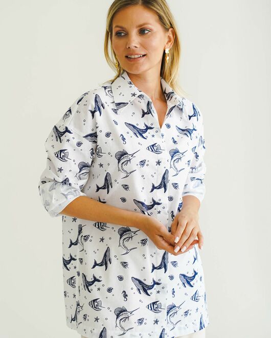 Женская рубашка с универсальным манжетом морской принт - 8548 от byME  Женская рубашка с универсальным манжетом морской принт - 8548 от byME