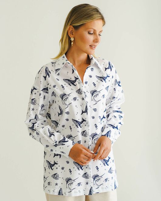 Женская рубашка с универсальным манжетом морской принт - 8548 от byME  Женская рубашка с универсальным манжетом морской принт - 8548 от byME
