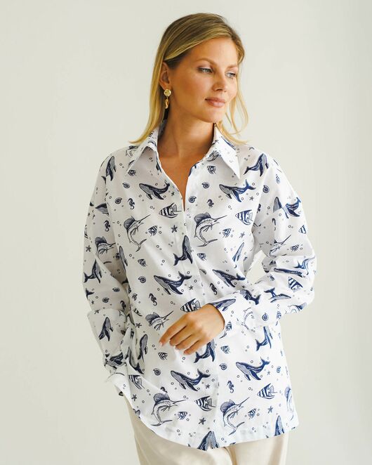 Женская рубашка с универсальным манжетом морской принт - 8548 от byME  Женская рубашка с универсальным манжетом морской принт - 8548 от byME