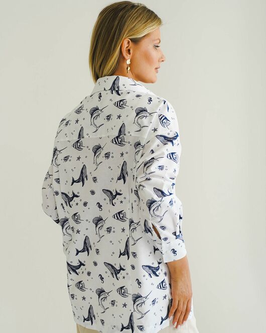 Женская рубашка с универсальным манжетом морской принт - 8548 от byME  Женская рубашка с универсальным манжетом морской принт - 8548 от byME