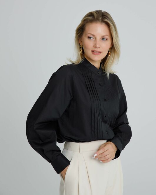 Женская рубашка черная воротник стойка с манишкой - 8565 от byME 
