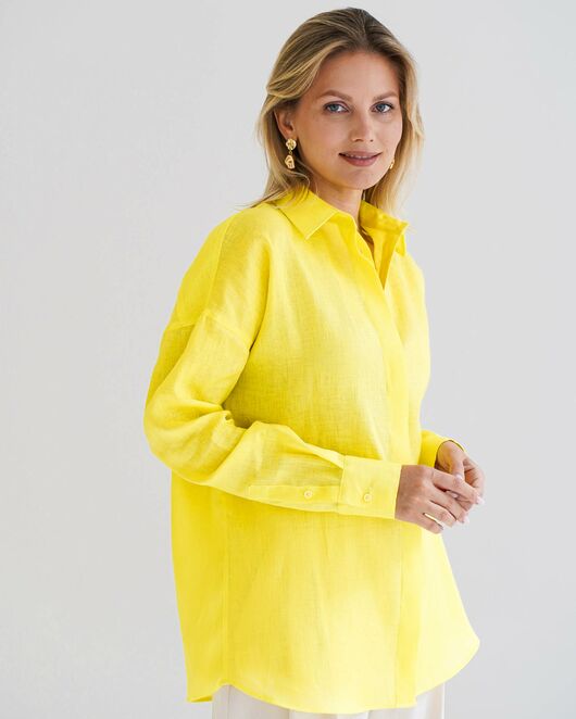 Женская рубашка изо льна оверсайз желтая - 8575 от  