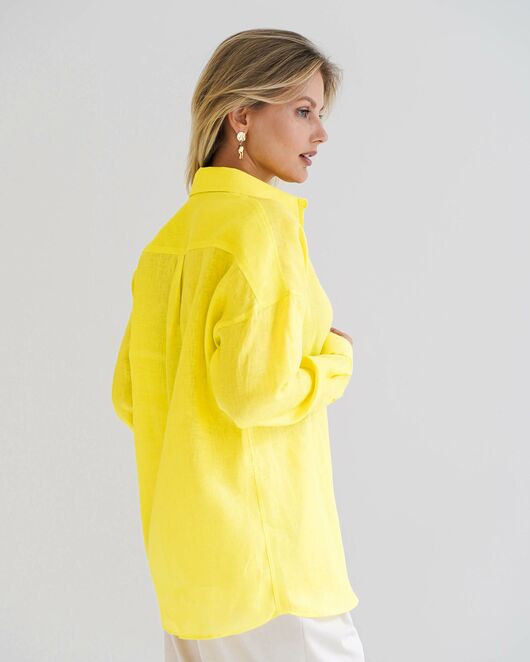 Женская рубашка изо льна оверсайз желтая - 8575 от  