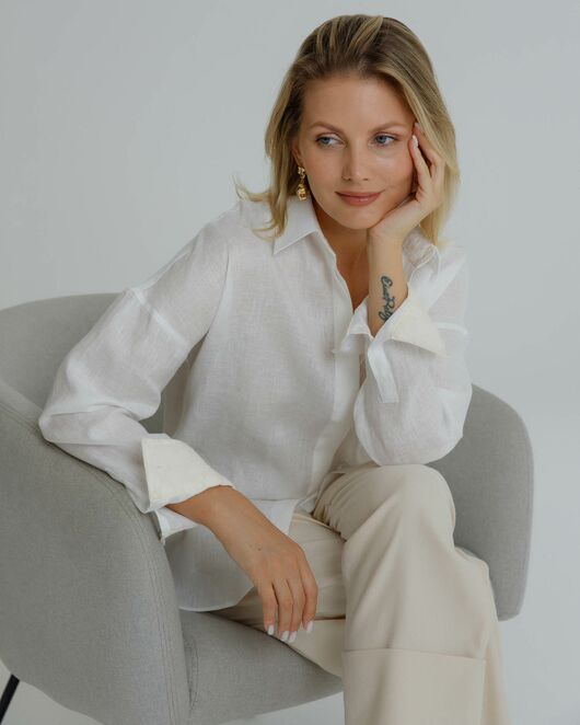 Женская рубашка в оверсайз льняная белая - 8577 от ByME 