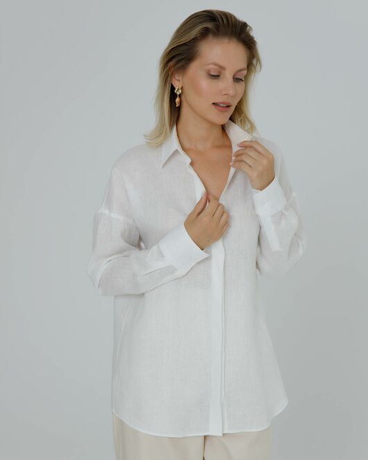 Женская рубашка в оверсайз льняная белая - 8577 от ByME 