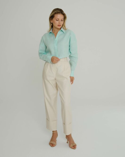 Женская рубашка в оверсайз мятная с отделкой  - 8578 от byME  Женская рубашка в оверсайз мятная с отделкой  - 8578 от byME