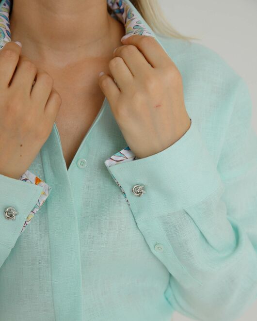 Женская рубашка в оверсайз мятная с отделкой  - 8578 от byME  Женская рубашка в оверсайз мятная с отделкой  - 8578 от byME