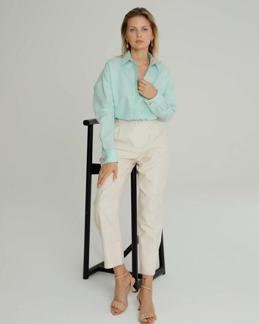 Женская рубашка в оверсайз мятная с отделкой  - 8578 от byME  Женская рубашка в оверсайз мятная с отделкой  - 8578 от byME