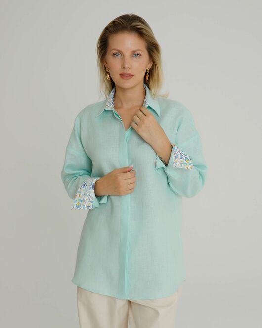 Женская рубашка в оверсайз мятная с отделкой  - 8578 от byME  Женская рубашка в оверсайз мятная с отделкой  - 8578 от byME