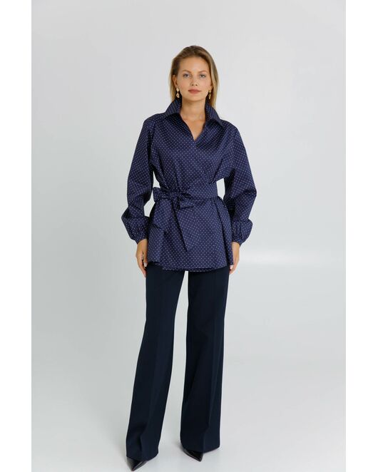 Женская рубашка на запах из хлопка сатиного плетения синяя в белый горошек  - 8604 от byME 