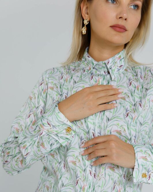 Женская рубашка с растительным принтом с манжетой под запонки  - 8618 от byME 