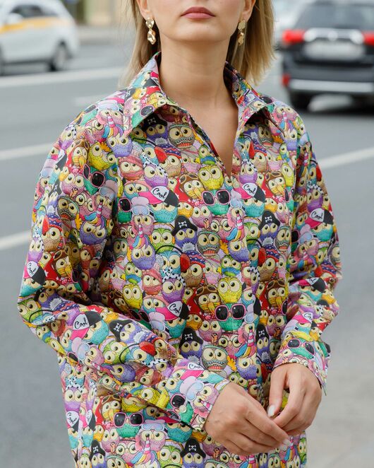 Женская рубашка  принт совы с универсальной манжетой в прямом силуэте - 8626 от ByME 