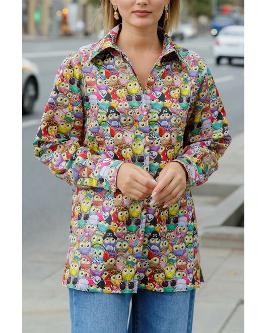 Женская рубашка  принт совы с универсальной манжетой в прямом силуэте - 8626 от ByME 