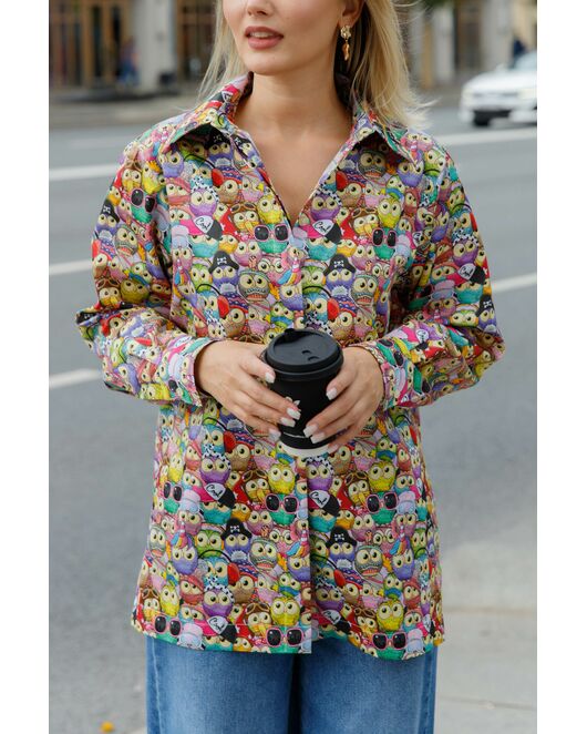 Женская рубашка  принт совы с универсальной манжетой в прямом силуэте - 8626 от ByME 