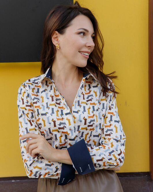 Женская рубашка под пуговицы с супатной застежкой полуприталенная с отделкой принт - 7949 от DoubleCuff 