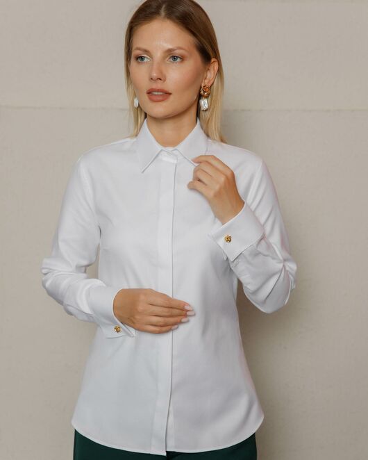 Женская рубашка под запонку белая фактура твилл - 8592 от byME 