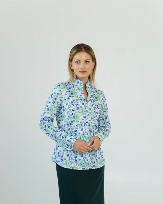 Женская рубашка под запонки воротник стойка принт акварель - 8606 от byME 
