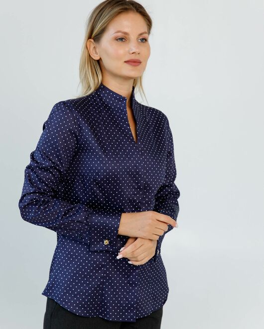 Женская рубашка под запонки воротник стойка синяя в белый горошек- 8607 от byME 