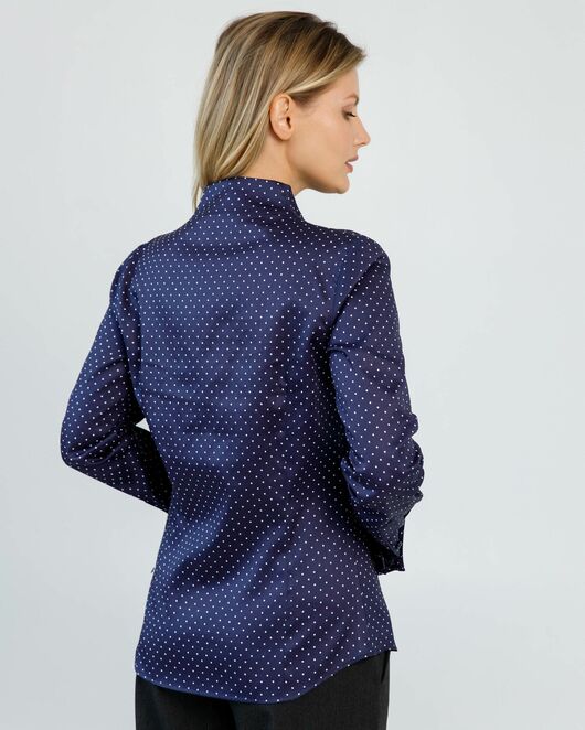 Женская рубашка под запонки воротник стойка синяя в белый горошек- 8607 от byME 