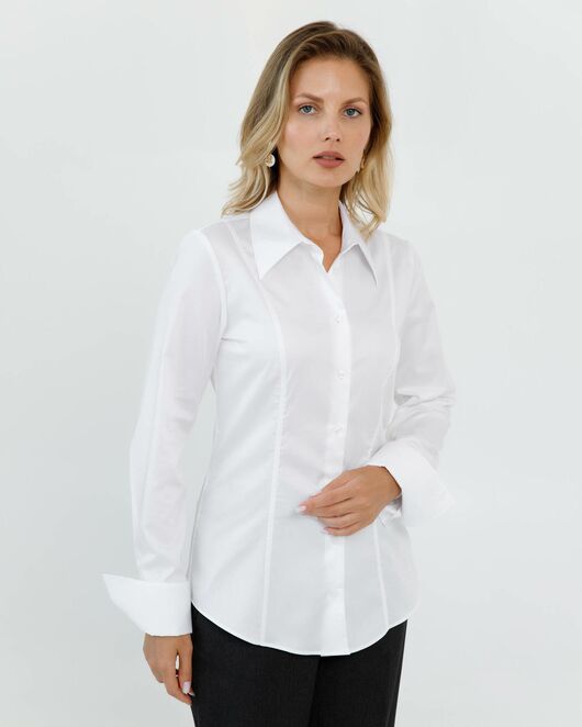 Женская рубашка приталенная под пуговицы белая из хлопка сатинового плетения - 8639 от byME 
