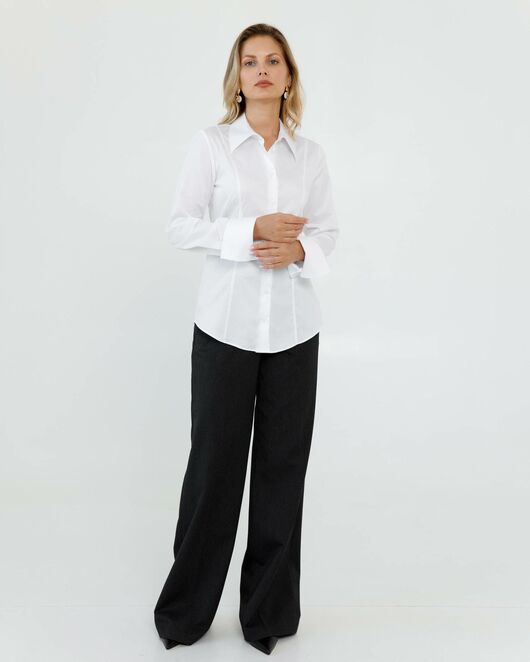 Женская рубашка приталенная под пуговицы белая из хлопка сатинового плетения - 8639 от byME 