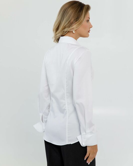 Женская рубашка приталенная под пуговицы белая из хлопка сатинового плетения - 8639 от byME 