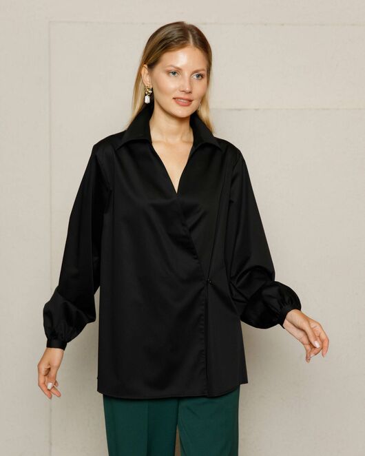 Женская рубашка на запа́х с поясом черная - 8642 от byME 