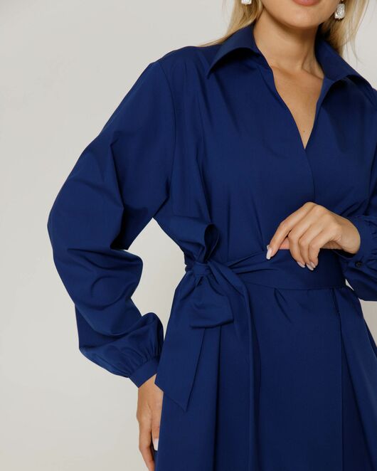 Женская рубашка на запа́х с поясом синяя - 8643 от byME 