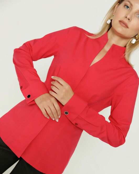 Женская рубашка под запонку воротник стойка красная - 8644 от byME 