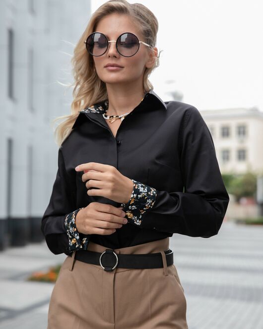 Женская рубашка под запонку приталенная черная - 8663 от byME 