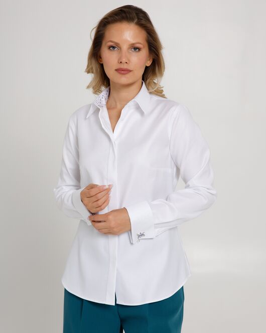 Женская рубашка  белая под запонку с супатной застежкой с отделкой-8659 от byME 