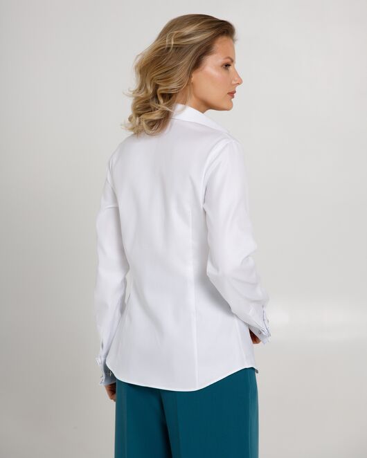 Женская рубашка  белая под запонку с супатной застежкой с отделкой-8659 от byME 