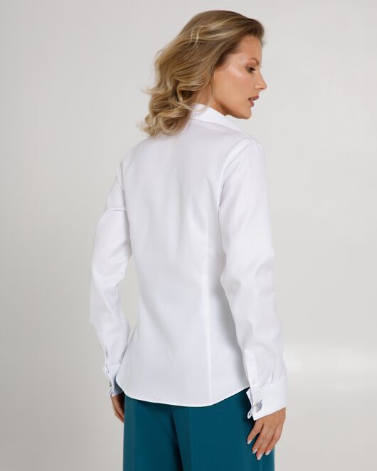 Женская рубашка  белая под запонку с супатной застежкой с отделкой-8659 от byME 
