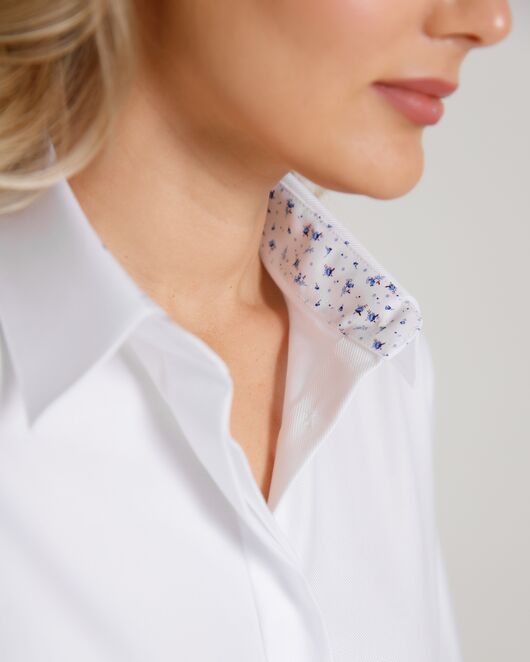 Женская рубашка  белая под запонку с супатной застежкой с отделкой-8659 от byME 