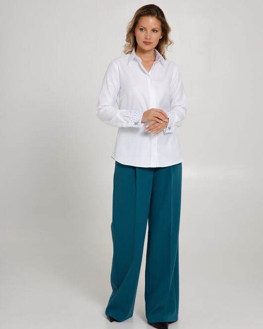 Женская рубашка  белая под запонку с супатной застежкой с отделкой-8659 от byME 