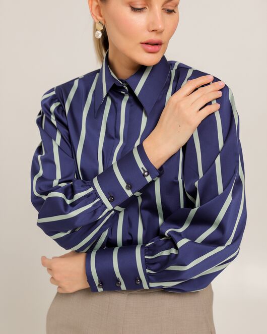 Женская рубашка из хлопка синяя в крупную полоску - 8738 от byME 