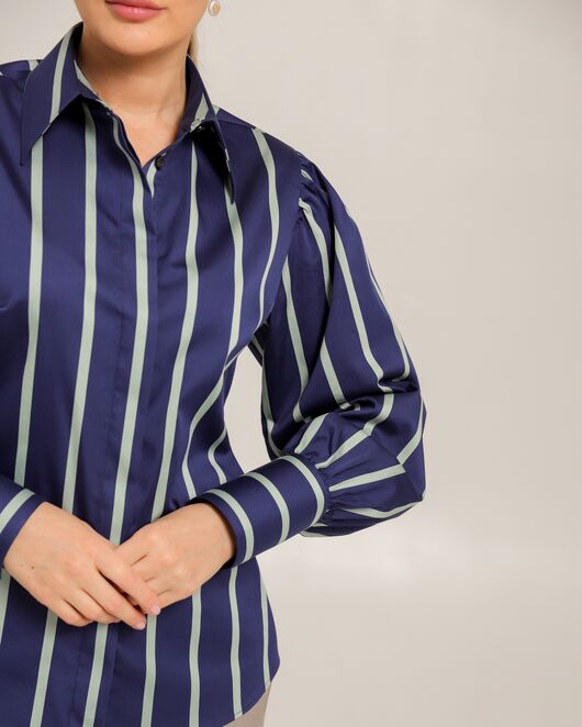 Женская рубашка из хлопка синяя в крупную полоску - 8738 от byME 